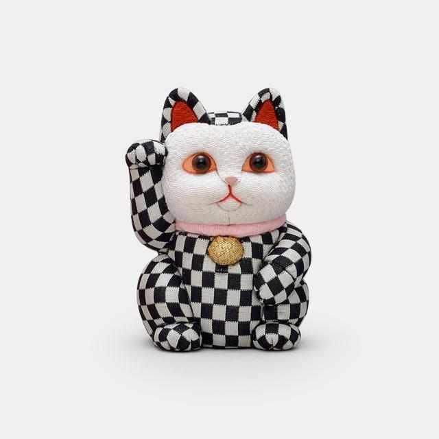 MANEKI NEKO ,CHECKERED PATTERN BLACK (S), Beckoning Lucky Cat, Edo Art Dolls