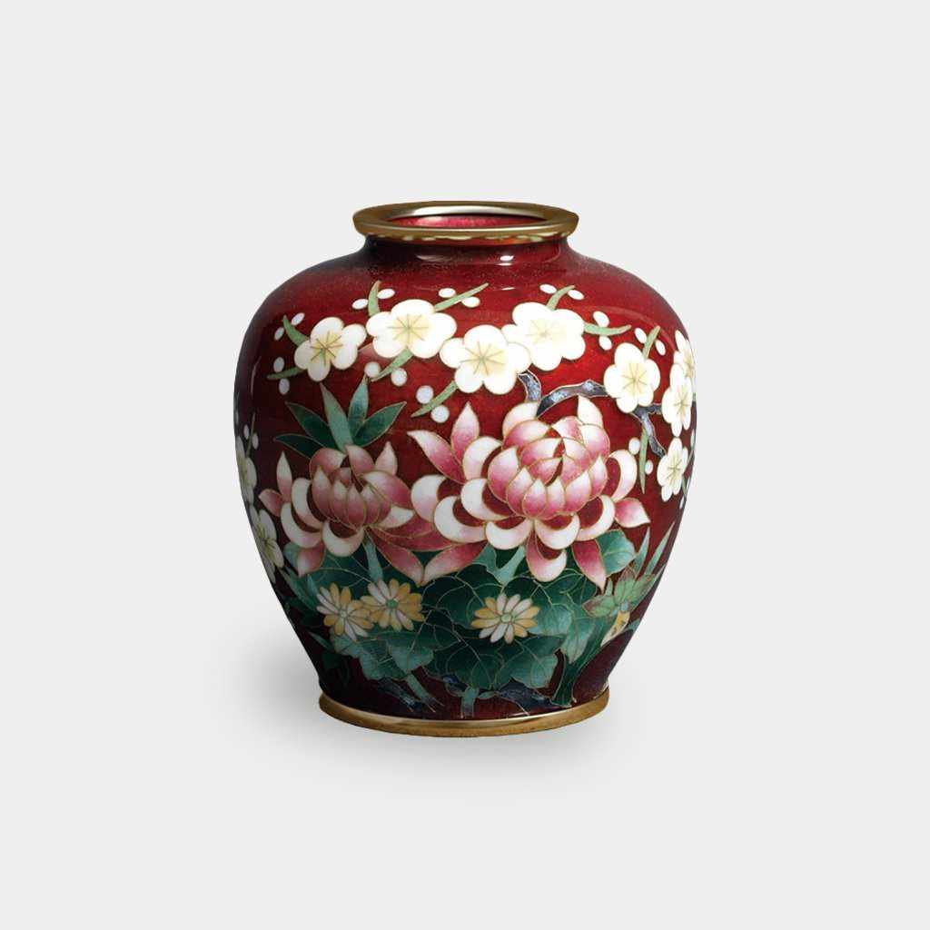 WIRED 3 BALL-SHAPED RED TORU FOUR GENTLEMEN, Vase, Owari Cloisonne