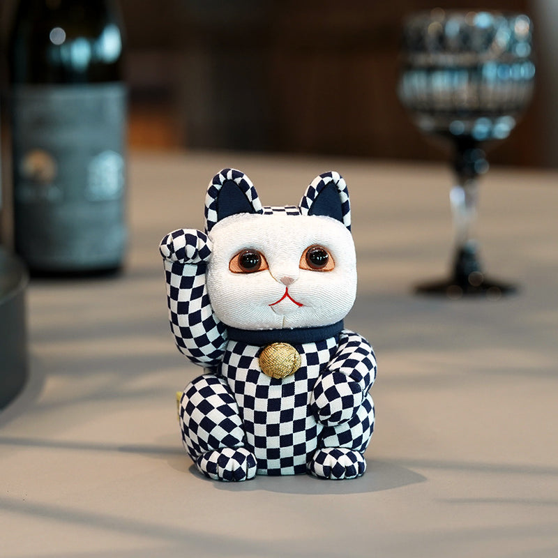 MANEKI NEKO CHECKERED PATTERN BLUE (M), Beckoning Lucky Cat, Edo Art Dolls