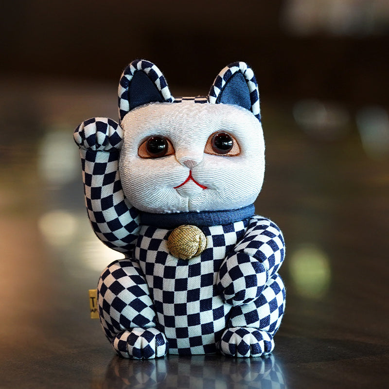 MANEKI NEKO CHECKERED PATTERN BLUE (M), Beckoning Lucky Cat, Edo Art Dolls