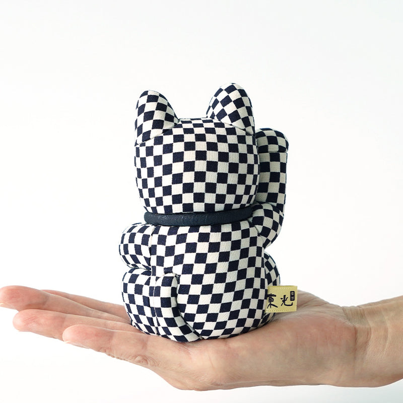 MANEKI NEKO CHECKERED PATTERN BLUE (M), Beckoning Lucky Cat, Edo Art Dolls