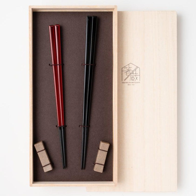 [Chopsticks and Chopstick Rests]a Pair of Ebony SQUARE with Chopstick Rest (8.46inch ＆ 9inch) | MATSUKAN | Wakasa Lacquerware