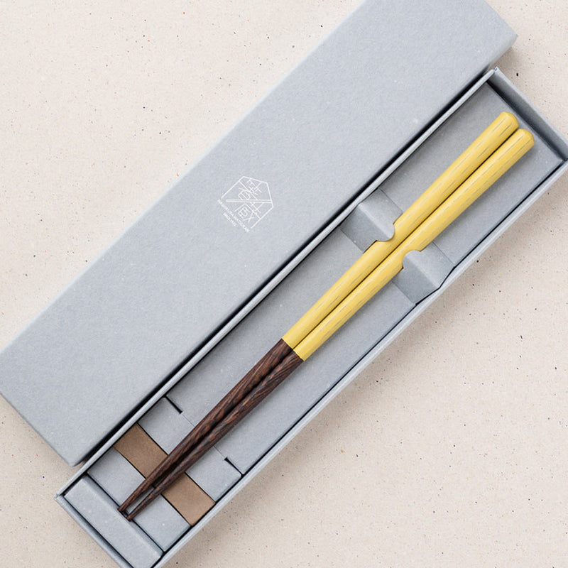 [Chopsticks and Chopstick Rest]  HASHIKURA SEASON01 Octagonal Wenge Yellow (8.85inch) with Ceramic chopstick rest | MATSUKAN | Wakasa Lacquerware