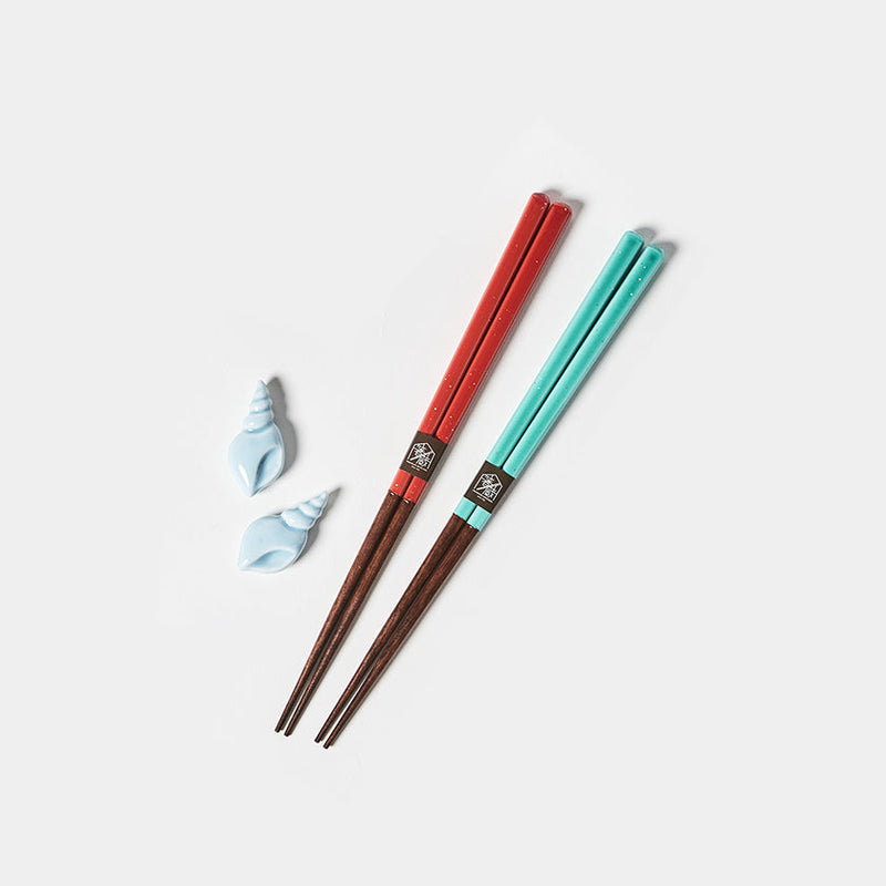 [Chopsticks and Chopstick Rest] SPARKLING WAVE a  Pair of Chopsticks with light blue shell shaped Chopstick rests | Wakasa Lacquerware| MATSUKAN