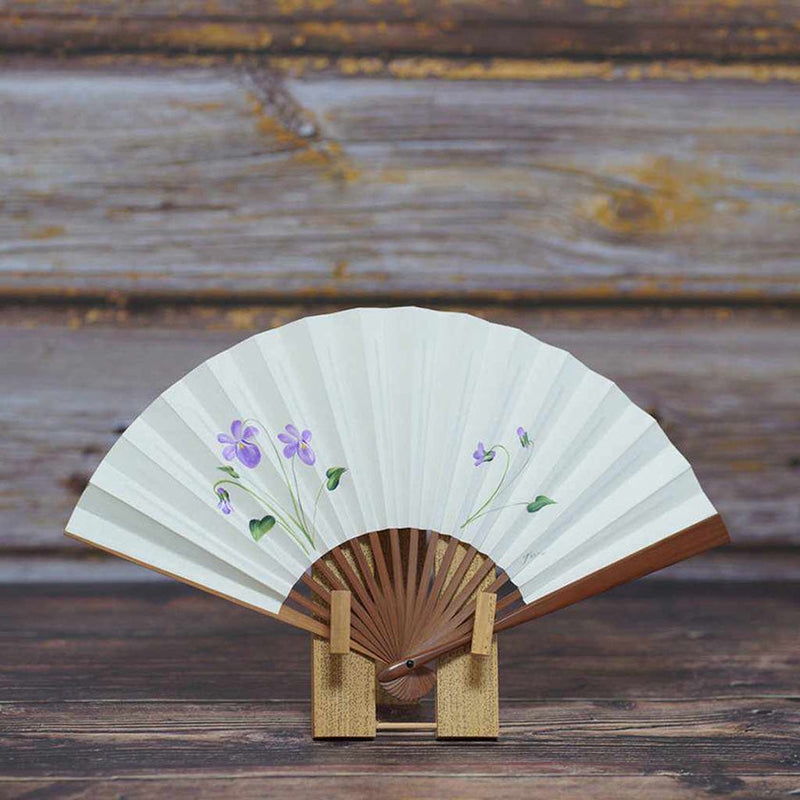 [Hand Fan] Hand-Drawing Picture SUMIRE White Karaki Bamboo For Ladies | Edo Folding Fans