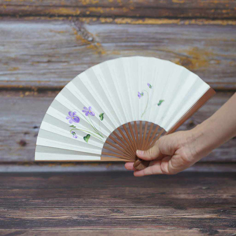 [Hand Fan] Hand-Drawing Picture SUMIRE White Karaki Bamboo For Ladies | Edo Folding Fans