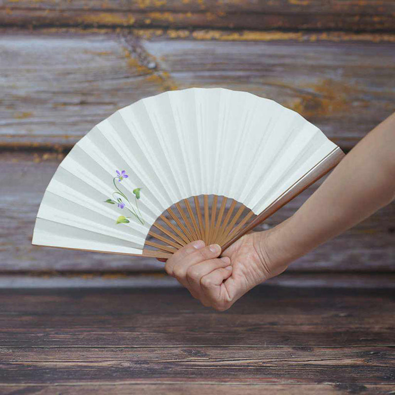 [Hand Fan] Hand-Drawing Picture SUMIRE White Karaki Bamboo For Ladies | Edo Folding Fans