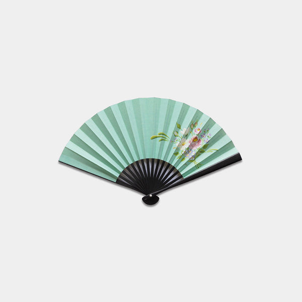 [Hand Fan] Hand-Drawing Picture BOUQUET Green Solid Black For Ladies | Edo Folding Fans