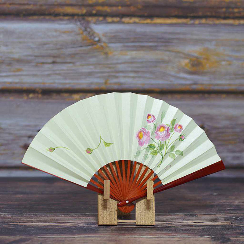 [Hand Fan] Hand-Drawing Picture ROSE Green Tame-Nuri Lacquer For Ladies | Edo Folding Fans