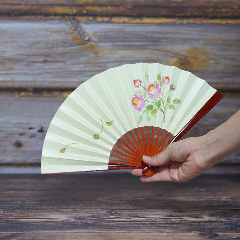 [Hand Fan] Hand-Drawing Picture ROSE Green Tame-Nuri Lacquer For Ladies | Edo Folding Fans