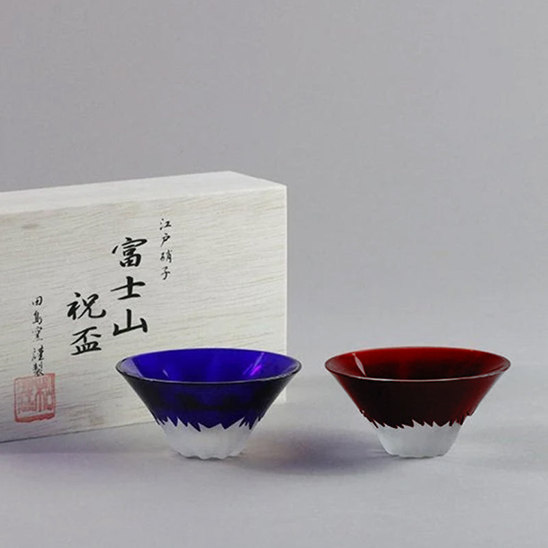 ENGRAVED GLASS BLUE RED FUJI CELEBRATION CUP (PAIR) IN A WOODEN BOX, Edo Glass