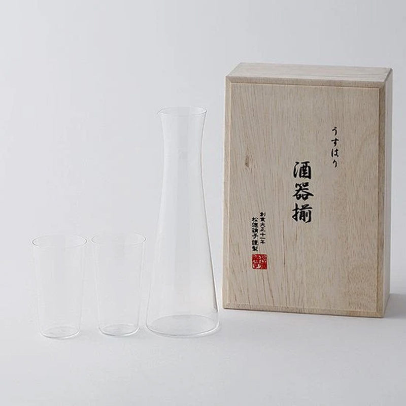 THIN SAKE SET 3-PIECE SET IN A WOODEN BOX, Edo Glass