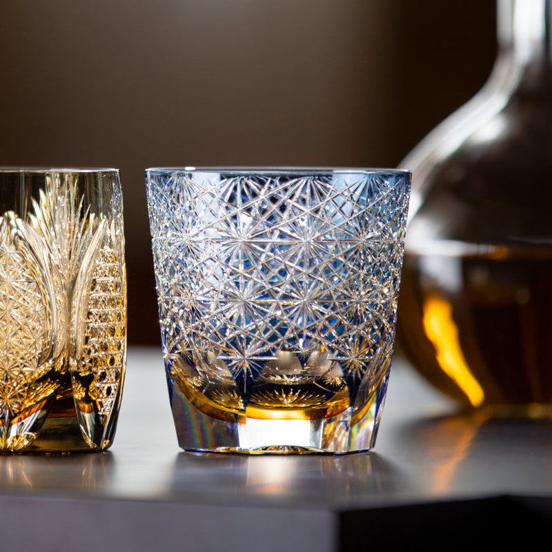 [ROCKS GLASS] WHISKEY GLASS KASANEIROME OGIKU (CHRYSANTHEMUM IN ABUNDANCE) | EDO KIRIKO | KAGAMI CRYSTAL