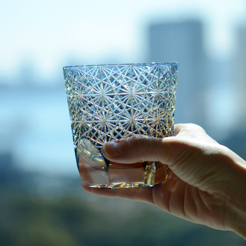 [ROCKS GLASS] WHISKEY GLASS KASANEIROME OGIKU (CHRYSANTHEMUM IN ABUNDANCE) | EDO KIRIKO | KAGAMI CRYSTAL