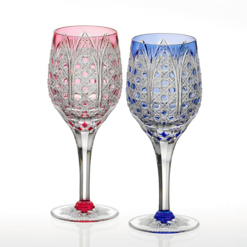 [GLASS] PAIR OF WINE GLASSES BAMBOO LEAVES & OCTAGONAL BASKET WEAVE | EDO KIRIKO | KAGAMI CRYSTAL