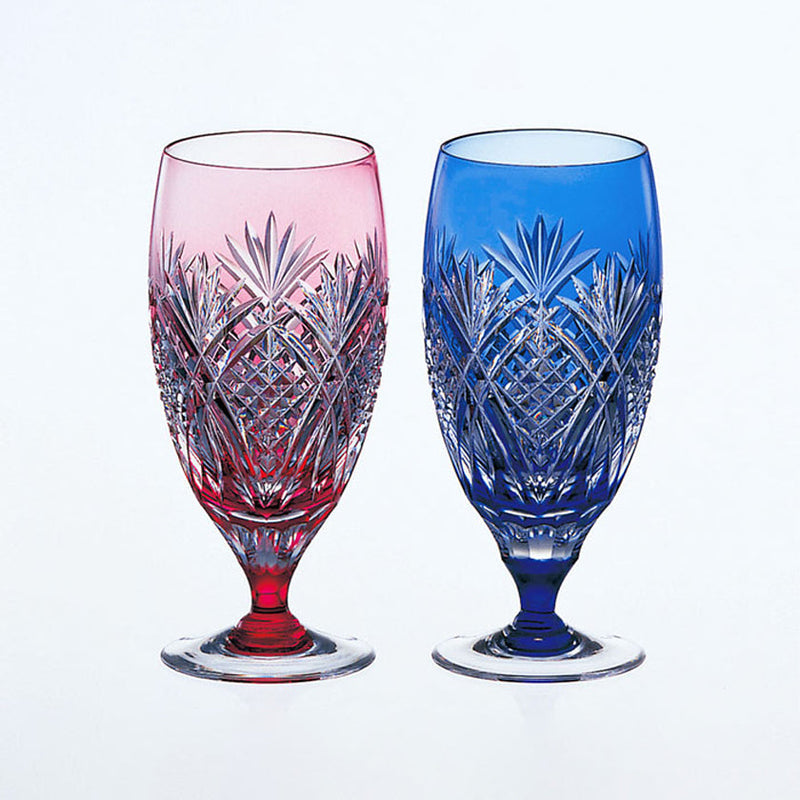 [GLASS] PAIR OF BEER GLASSES BAMBOO LEAVES & FISH SCALES | EDO KIRIKO | KAGAMI CRYSTAL