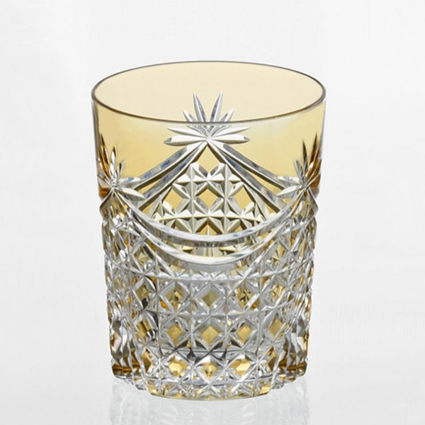 [ROCKS GLASS] WHISKEY GLASS DRAPE & TETRAGONAL BASKET WEAVE (YELLOW) | EDO KIRIKO | KAGAMI CRYSTAL