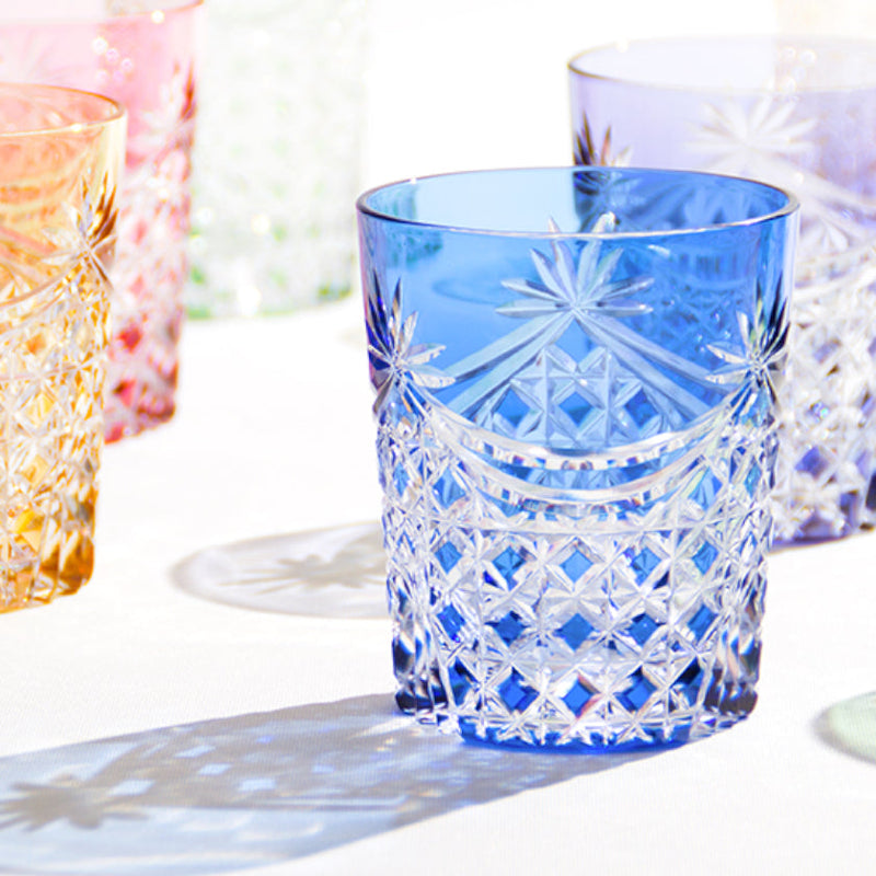 [ROCKS GLASS] WHISKEY GLASS DRAPE & TETRAGONAL BASKET WEAVE (BLUE) | EDO KIRIKO | KAGAMI CRYSTAL