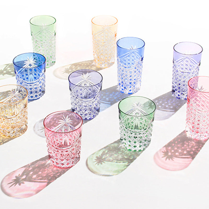 [GLASS] TUMBLER DRAPE & TETRAGONAL BASKET WEAVE (YELLOW) | EDO KIRIKO | KAGAMI CRYSTAL