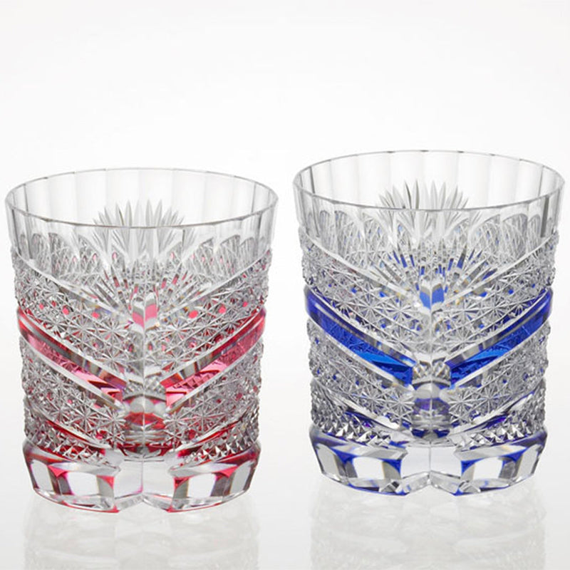 [ROCKS GLASS] PAIR OF WHISKEY GLASSES CHRYSANTHEMUM BASKET WEAVE & FISH SCALES | EDO KIRIKO | KAGAMI CRYSTAL