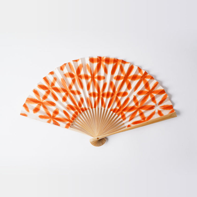 [Hand Fan] SEKKA SHIBORI (flower pattern like snowflakes) Orange for Women |Kurotani Washi Paper | Kurotani Washi Cooperative Group