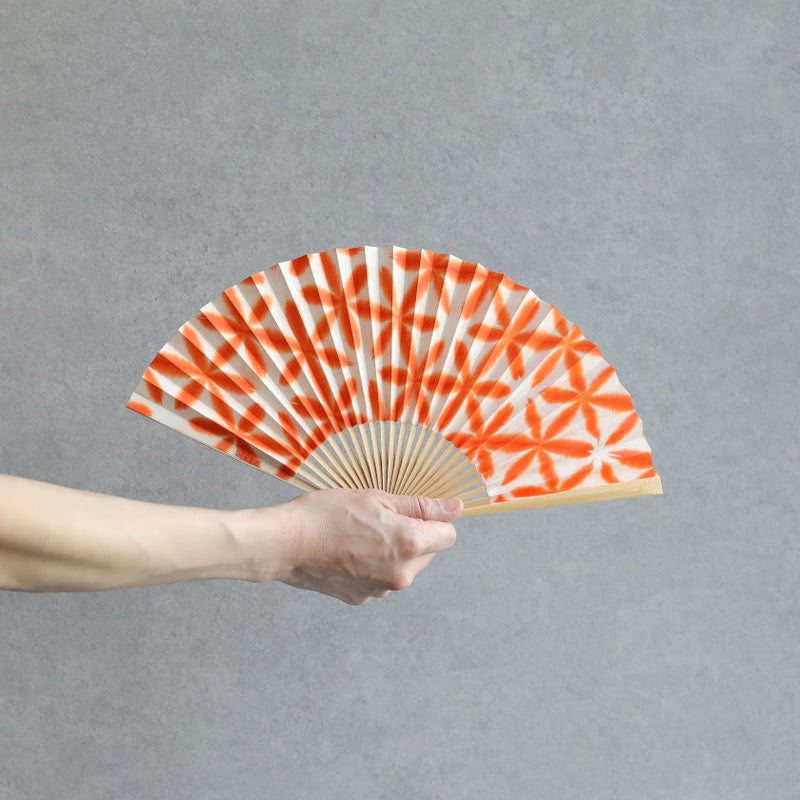 [Hand Fan] SEKKA SHIBORI (flower pattern like snowflakes) Orange for Women |Kurotani Washi Paper | Kurotani Washi Cooperative Group