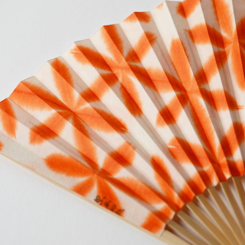 [Hand Fan] SEKKA SHIBORI (flower pattern like snowflakes) Orange for Women |Kurotani Washi Paper | Kurotani Washi Cooperative Group