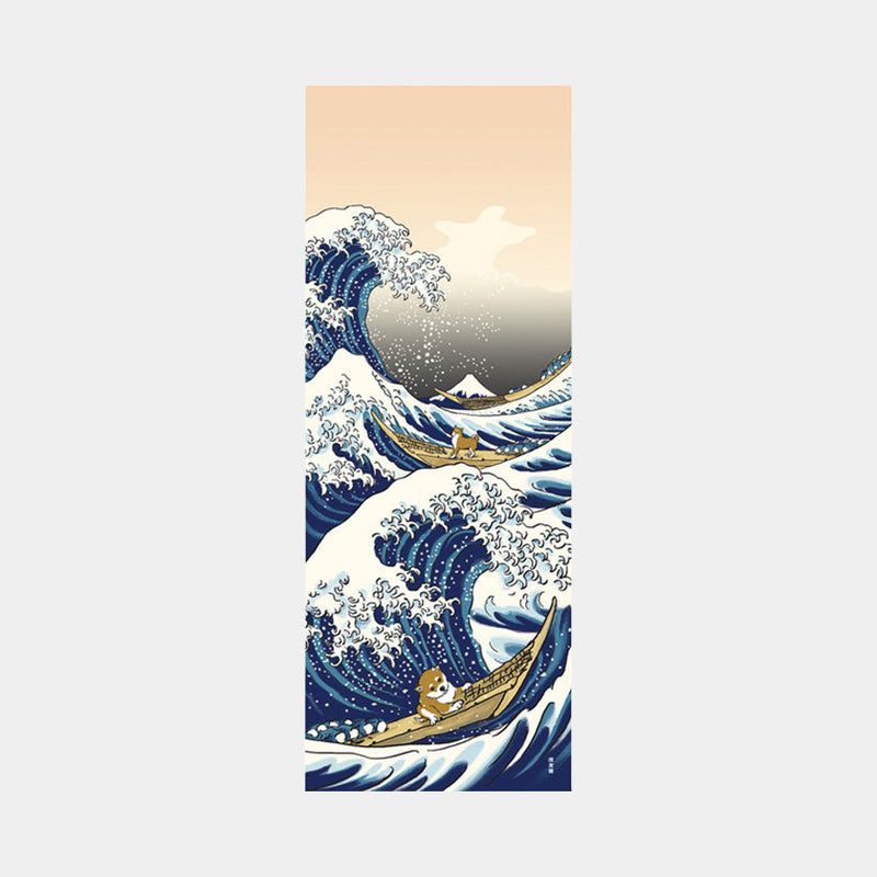 [Towels] Tenugui | HOKUSAI SHIBA INU and BIG WAVE | Yokohama Dyeing | HAMAMONYO