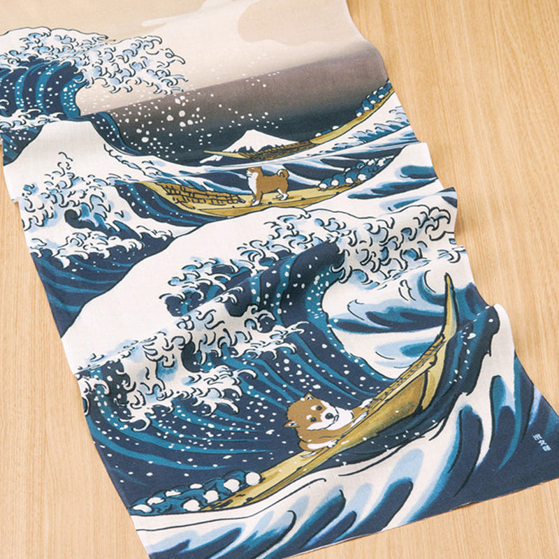 [Towels] Tenugui | HOKUSAI SHIBA INU and BIG WAVE | Yokohama Dyeing | HAMAMONYO