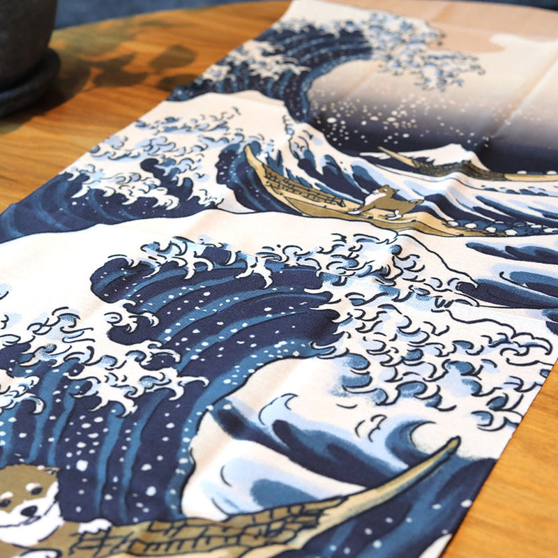 [Towels] Tenugui | HOKUSAI SHIBA INU and BIG WAVE | Yokohama Dyeing | HAMAMONYO