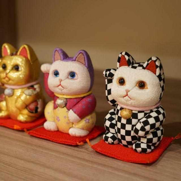 MANEKI NEKO ,CHECKERED PATTERN BLACK (S), Beckoning Lucky