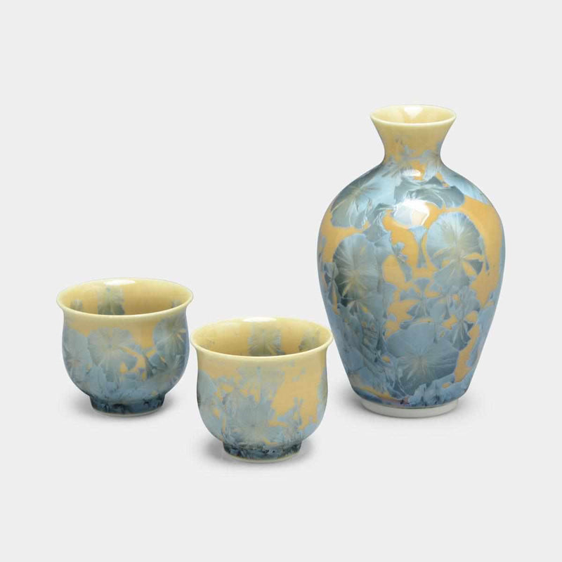 FLOWER CRYSTAL (GREYISH BLUE) SAKE SET (3 PIECE SET), Sake Bottle Set, Kyo Ware, Kiyomizu Ware
