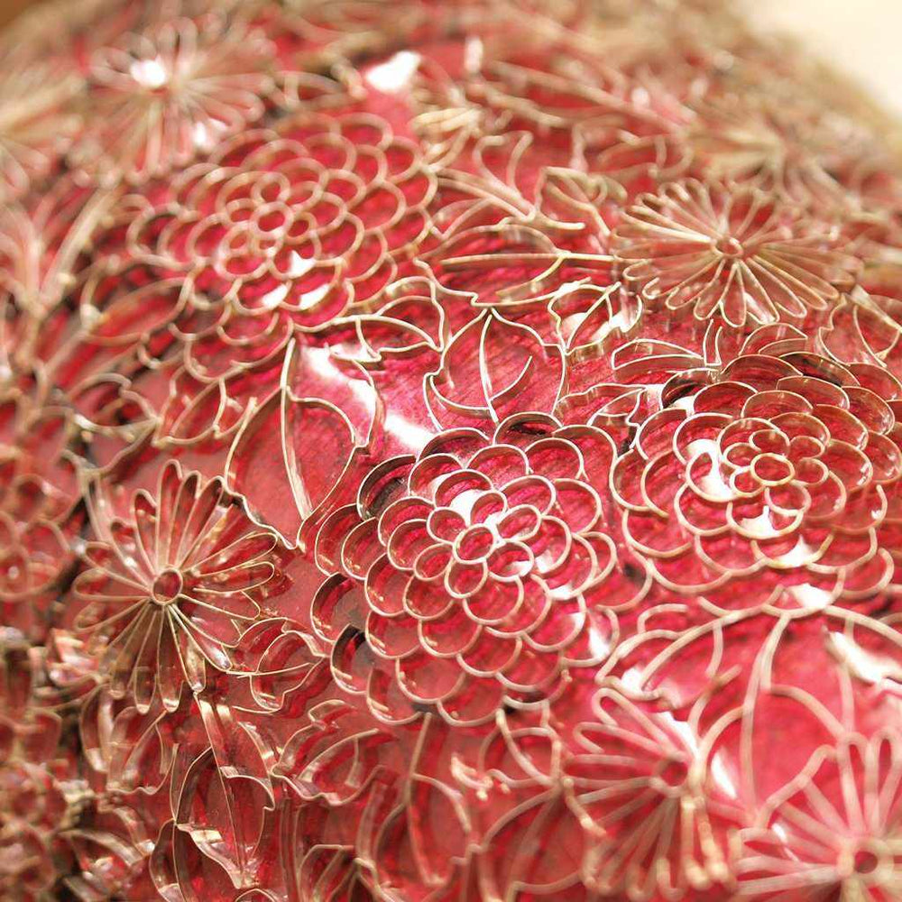 七宝焼 有線 菊 赤透 並形 8号 花瓶 高さ24cm 台座付き 箱付き
