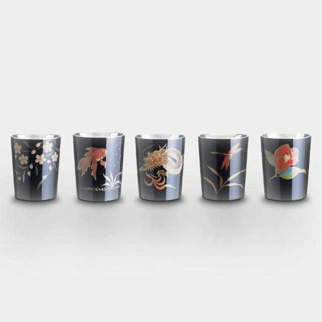 WAJIMA FINISH SANBEIJI CUP 3 CUPS 1 GO BLACK 5-PIECE SET (CHERRY BLOSSOM, CAMELLIA, GOLDFISH, DRAGONFLY, DRAGON), Sake Cup, Osaka Naniwa Suzuki