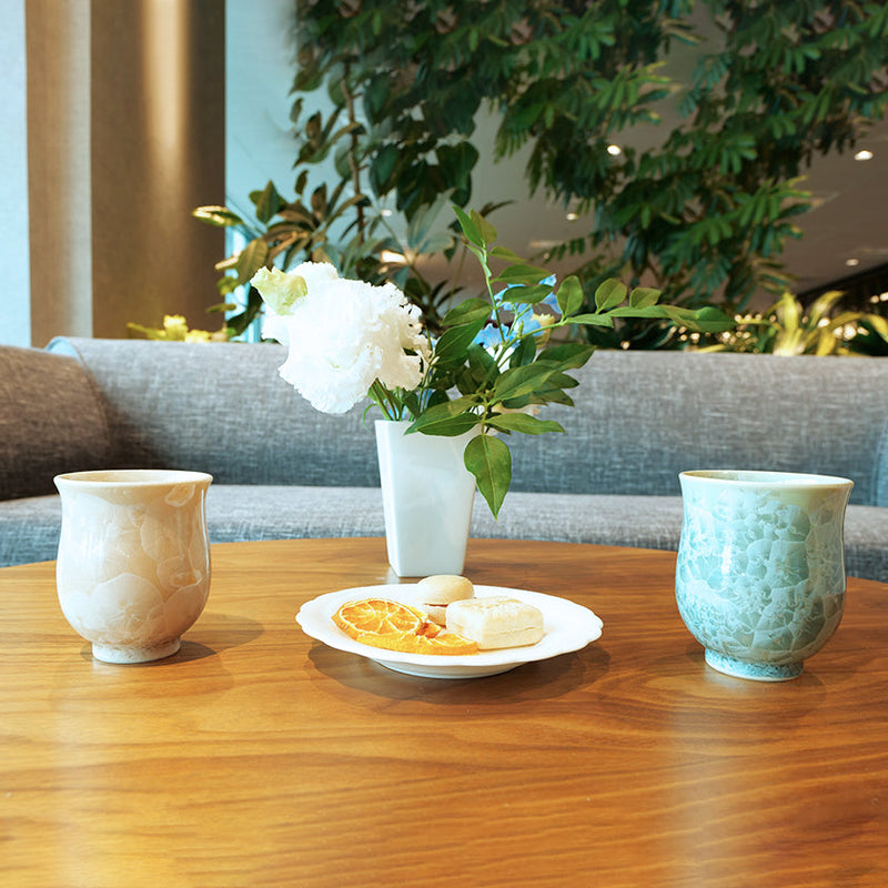 FLOWER CRYSTAL (GREEN TEA) YUNOMI (2 PIECE SET), Japanese Tea Cup, Kyo Ware, Kiyomizu Ware