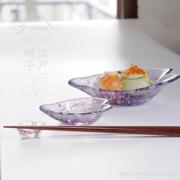 UKIYO HIRARI FUJIMATSURI SET (SMALL BOWL & SMALL PLATE & CHOPSTICK REST), Small Dish, Edo Glass