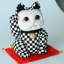 MANEKI NEKO CHECKERED PATTERN BLACK (L), Beckoning Lucky Cat, Edo Art Dolls