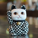 MANEKI NEKO CHECKERED PATTERN BLACK (L), Beckoning Lucky Cat, Edo Art Dolls