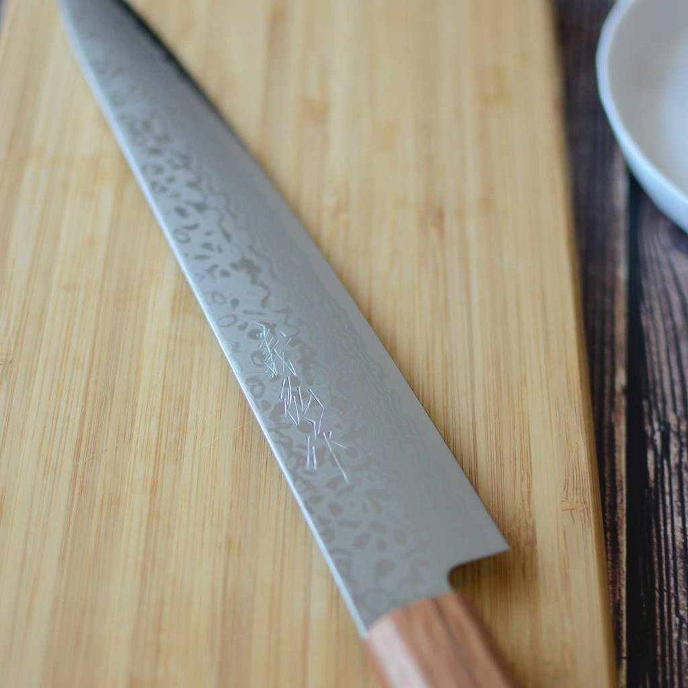 義弘作 ペテイナイフ 包丁 ZA18鋼 69層ダマスカス 山脇刃物 樫八角柄