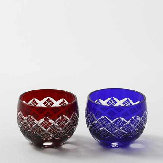 LAYERED YARAI MARU GUINOMI PAIR, Edo Kiriko Glass