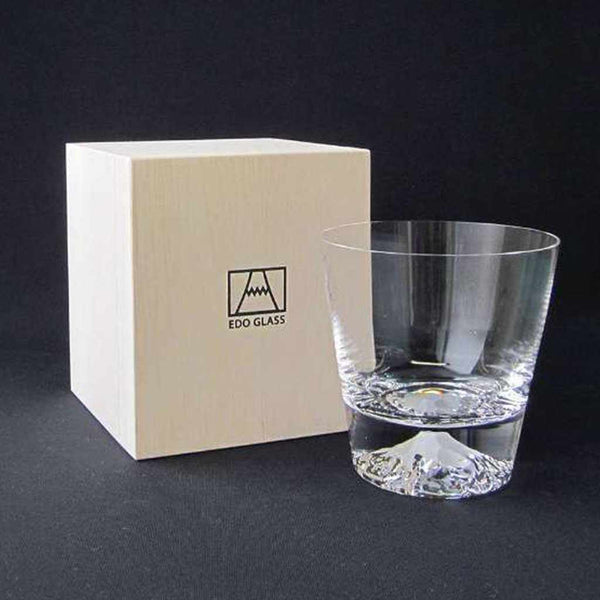 MT. FUJI GLASS ROCK GLASS IN A WOODEN BOX, Edo Glass