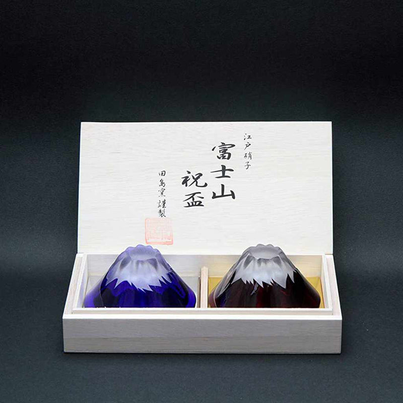 ENGRAVED GLASS BLUE RED FUJI CELEBRATION CUP (PAIR) IN A WOODEN BOX, Edo Glass