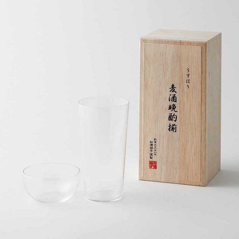 THIN TUMBLER L & PERSIMMON PEA SMALL BOWL SET IN A WOODEN BOX, Edo Glass