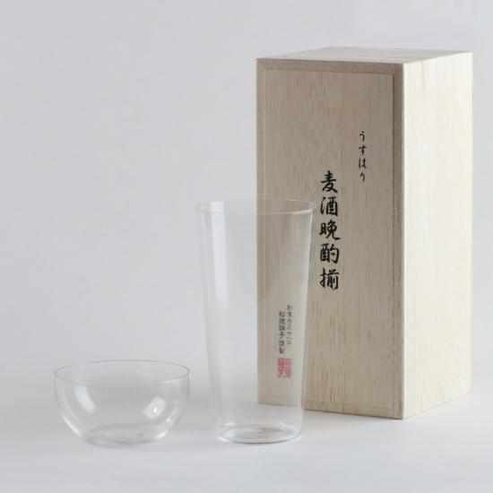 THIN TUMBLER L & PERSIMMON PEA SMALL BOWL SET IN A WOODEN BOX, Edo Glass