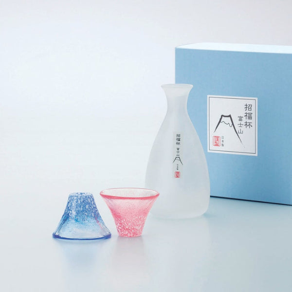 3 Pieces Set SAKE BOTTLE & CUP SET MT. FUJI (BLUE & RED)  | Marumo Takagi