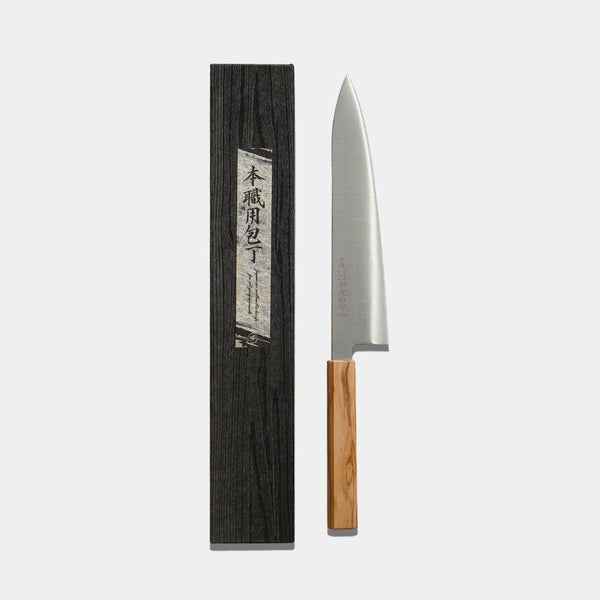 ITTOSAI-KOTETSU INOX SWEDISH STEEL GYUTO (DOUBLE-EDGED BLADE) OLIVE WOOD HANDLE 240MM, Kitchen Chef Knife, Sakai Forged Blades