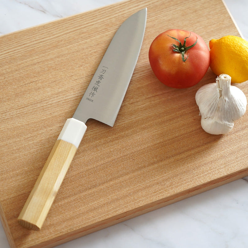 INOX SANTOKU KNIFE AOMORI HIBA OCTAGONAL HANDLE ARTIFICIAL MARBLE RING 180MM, Kitchen Chef Knife, Sakai Forged Blades