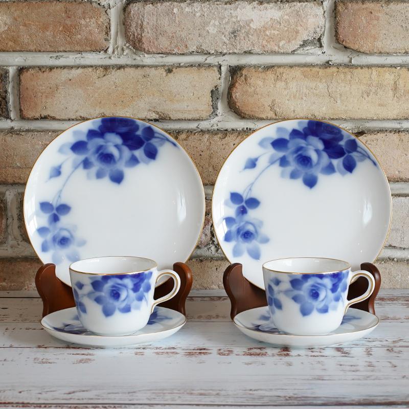 BLUE ROSE CUP & SAUCER, DESSERT PLATE SET (2 PIECES EACH), Porcelain