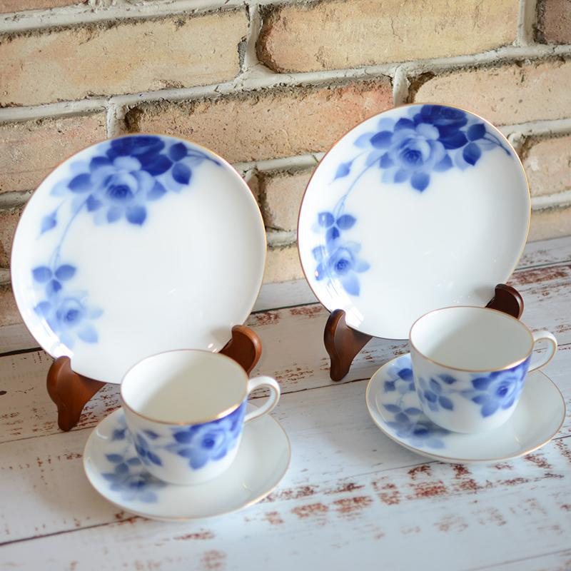 BLUE ROSE CUP & SAUCER, DESSERT PLATE SET (2 PIECES EACH), Porcelain