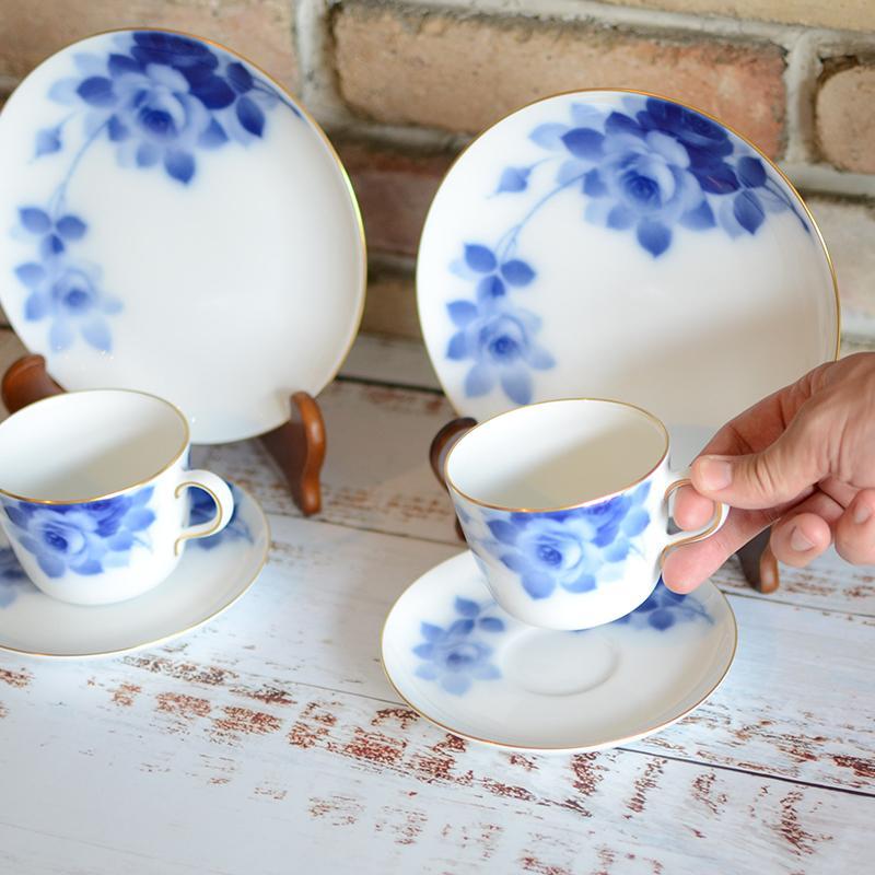 BLUE ROSE CUP & SAUCER, DESSERT PLATE SET (2 PIECES EACH), Porcelain